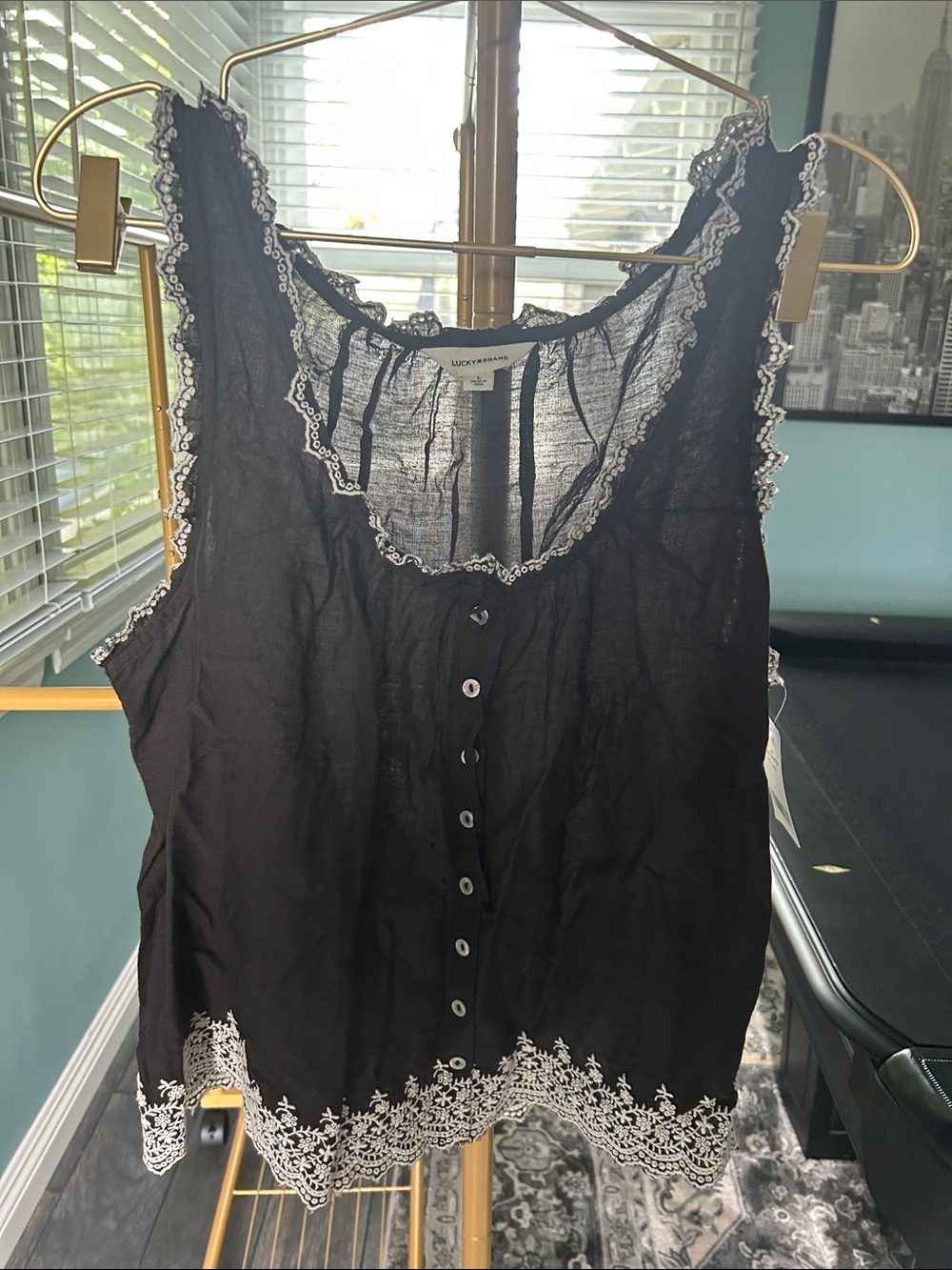 Lucky Brand Black Tank with White Lace Trim size L. $89.50 retail